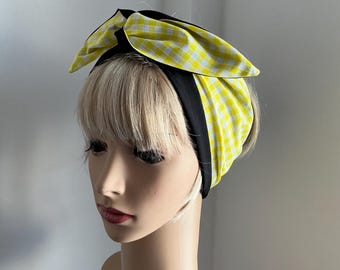 Rockabilly Pin Up Style Yellow Ginham Check Wide or Narrow Wired Headbands Reversible to Plain Black