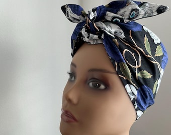 Vintage Inspired Blue Skull Triangle Turban Scarf – Reversible Black Spots Head Scarf