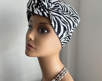 Vintage Inspired Triangle Turban Head Scarf: Zebra Print, Black Spots, Self-Tie