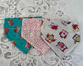 Starter Pack of Three Small Dog Bandannas Slide on Collar Owls Floral and Toadstalls