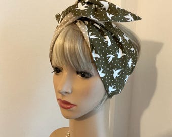 Rockabilly Pin Up Wide or Narrow Wired Headbands Olive Green Vintage Birds Print Reversible