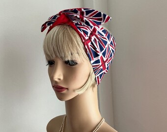 Handmade Union Jack Red White and Blue Rockabilly Wide or Narrow Wired Reversible Headband