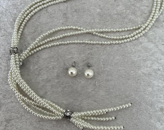 Handmade Three Row pearl Necklace Off White Small Pearls and Earrings