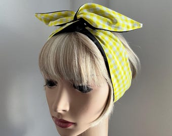 Rockabilly Pin Up Style Yellow Ginham Check Wide or Narrow Wired Headbands Reversible to Plain Black