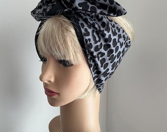 Dark Grey Leopard Print Wired Headband: Reversible Rockabilly Style Accessory
