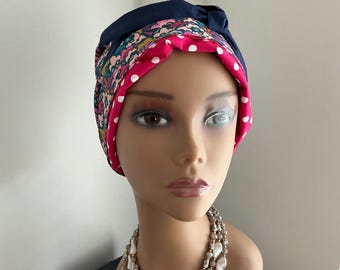 Handmade Vintage Inspired Full Head Bonnet  Pink an Navy  Pattern reversible to Pink Spot Navy Ties