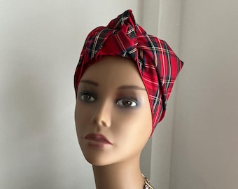 Handmade Red Tartan Vintage Inspired Full Head Triangle Turban Scarf Reversible