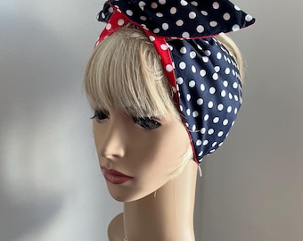 Rockabilly Pin Up Navy and Red Spot Reversible Wide or Narrow Wired Headbands