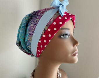 Handmade Vintage Inspired Full Head Bonnet  with TiesPink Balik Cotton reversible to Pink Spot