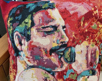 Handmade Freddie Mercury Tapestry Cushion Plain fabric on back
