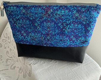 Deep Blue Damask Makeup Bag with Faux Leather Bottom, Padded, Lined, Tassel Charm