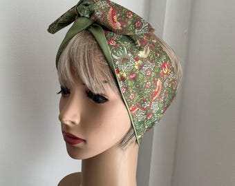 Rockabilly Retro William Morris Green Print wide or Narrow Wired Headbands Reversible to Plain Green