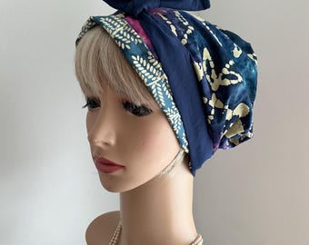 Vintage Inspired Reversible Full coverage Bonnet Hat Blue Self Ties