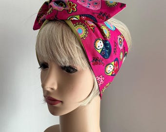 Pin Up Rockabilly Wide or Narrow Wired Headband Russian Doll Print Cerise Pink Reverse plain Green