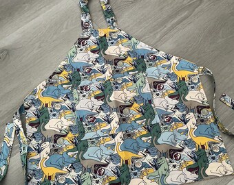 Handmade Unisex Children’s Full Apron in Blue and Grey Dinasaur Print