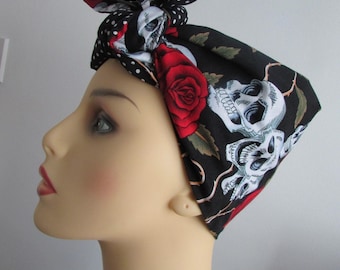 Handmade Black Scull and Red Roses Vintage Inspired Full Head Triangle Turban Scarf Reversible