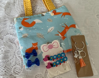 Handmade Children’s First Bag Blue Foxes Print 2 Blue Bow Hair Clips Dogs Hair Clips and Tassel Key Ring in orange