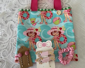 Handmade Children’s Beach Day First Bag with Rose Hair Clips a Scrunchie and pair of Cat Clips