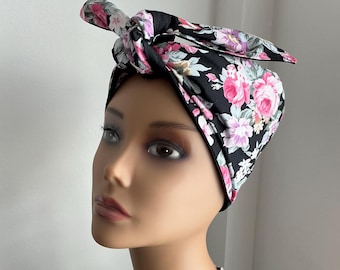 Handmade Vintage Inspired  Triangle Shape Self Tie Turban Scarf Pink Floral Reversible