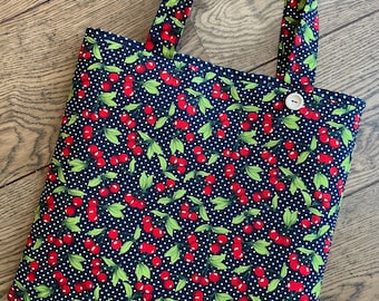 Navy Cherry Print Padded Tote Bag with Navy Spot Lining