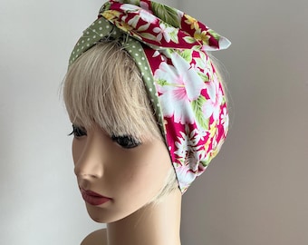 Rockabilly Pin Up Wide or Narrow Tropical Pink Multi wired Headbands Reversible