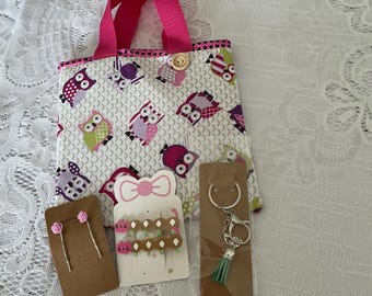 Handmade Children’s First Bag Pink and Purple Owls a Tassel Key Ring Rose Hair Clips and pair Dog Clips