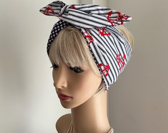 Pin Up Rockabilly Navy Stripe Anchors Wide or Narrow Wired Headbands reversible Navy Print