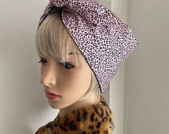 Rockabilly Pin Up Wide or Narrow Pink Leopard Print Headband Reversible to Black