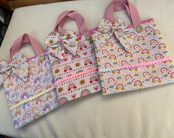 Handmade Children’s First Tote Bag Rainbow design with matching Detatchable Hair Bow 3 Designs