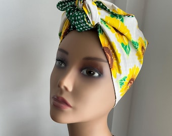 Vintage Inspired Sunflower Turban Head Scarf – Reversible Green Spots Self-Tie Headwrap