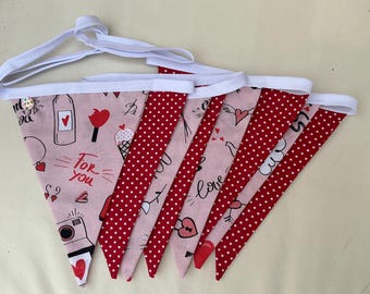 Handmade Love and Hearts Bunting Red and Pink patterns 8 Flags