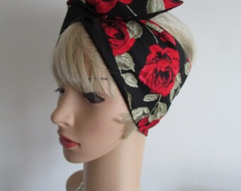 Pin Up Rockabilly Wide or Narrow Wired Headband Black Red Roses Reversible to Plain Black