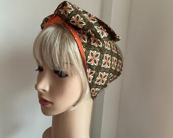 Rockabilly Pin Up Wired Headbands Autum Retro Print Olive Burnt Orange wide or narrow Reversible