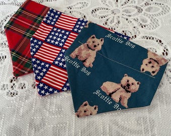 Starter Pack of 3 Small Dog or Cat Slide on Collar Bandannas Red Tartan Stars and Stripes and Scottie Dog