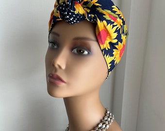 Handmade Vintage Inspired Full Self Tie Head Turban Scarf Navy Sunflower print Reversible Spot
