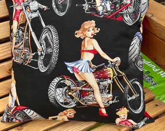 Handmade Man Cave Cushion Biker Girls Black Background Red Reverse
