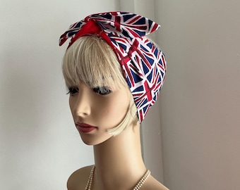 Union Jack Wide or Narrow Wired Headbands Red White and Blue Reversible