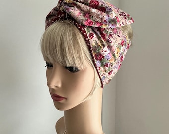 Rockabilly Pin Up Vintage Inspired Taupe Floral Wide or Narrow Wired Headbands Reversible
