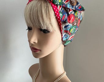 Pin Up Rockabilly Wide or Narrow Wired Headbands Bottle Tops Print Reversible