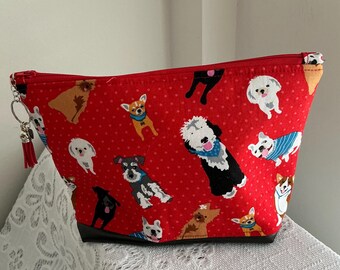 Red Dog Print Padded Pouch with Faux Leather Bottom, Tassel Charm