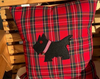 Handmade Red Tartan Scottie Dog Cushion Plain Red Envelope Back