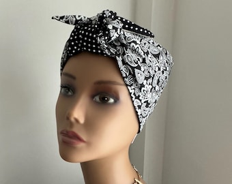 Handmade Black and White Paisley Vintage Inspired Full Head Triangle Turban Scarf Reversible