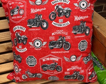 Handmade Man Cave Cushion Vintage Motor Bikes print Red Reverse