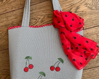 Handmade Rockabilly Black and white Check Tote with  Embroidered Cherries on the Front