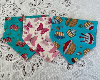 Starter Pack of Three Small Dog Bandannas Slide on Collar  Butterfly’s Cup Cakes and Toadstools Print