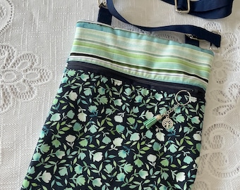 Handmade Zipper Cross Body Bag Navy and Mint Stripes and Floral’s