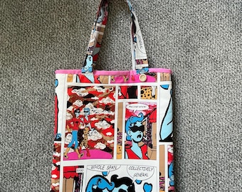 Handmade Comic Print Satin Small Tote Bag padded and Lined in Pink