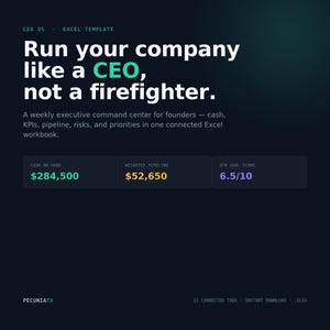 Op de afbeelding: Een Excel-sjabloon met een donkere achtergrond genaamd CEO OS. De tekst luidt: Run your company like a CEO, not a firefighter. Een wekelijks executive command center voor oprichters. Het toont statistieken: Cash on Hand $284.500, Weighted Pipeline $52.650 en Qtr Goal Score 6,5/10.