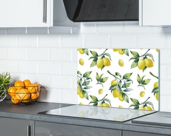 Original Painted Lemons Tropical Backsplash Tile, Yellow Gift Idea, White Chopping, Fruits Cutting Board, Tempered Glass, Rounded Corners