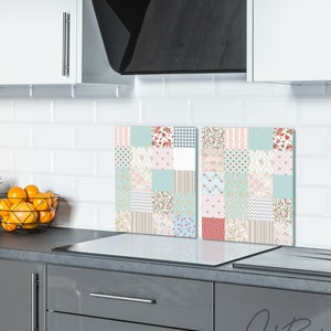 Colorful Floral Scraps Of Fabric Backsplash, Modern Chopping Board, Blue Backsplash, Mosaic Cutting Board, Tempered Glass, Rounded Corners